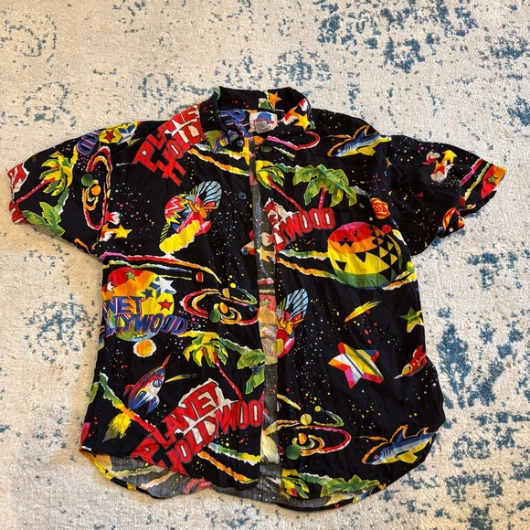 1990s Vintage Planet Hollywood Neon Space Button Up Rayon Hawaiian AllOver Print - Picture 1 of 7